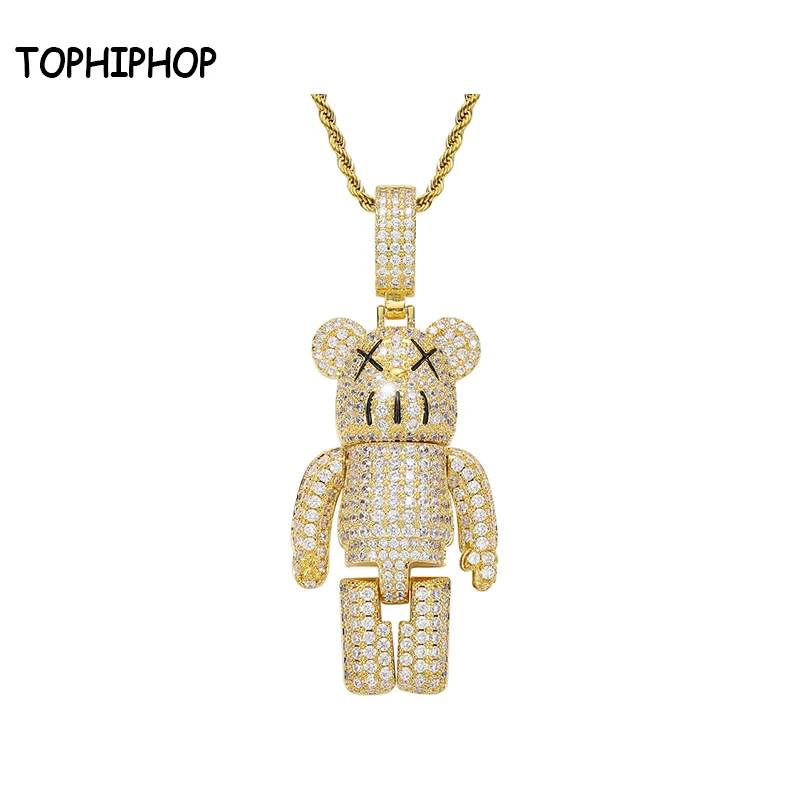TOPHIPHOP Мультфильм Аниме Кукла механический медведь кулон ожерелье с полным цирконием хип-хоп мужские женские ожерелья Модные ювелирные изделия