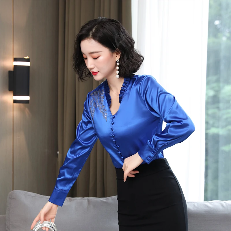 Heavyweight Silk Women Blouses Women Satin Blouse Tops Woman Silk Diamonds Blouses Top Plus Size Women Long Sleeve Shirts Blouse