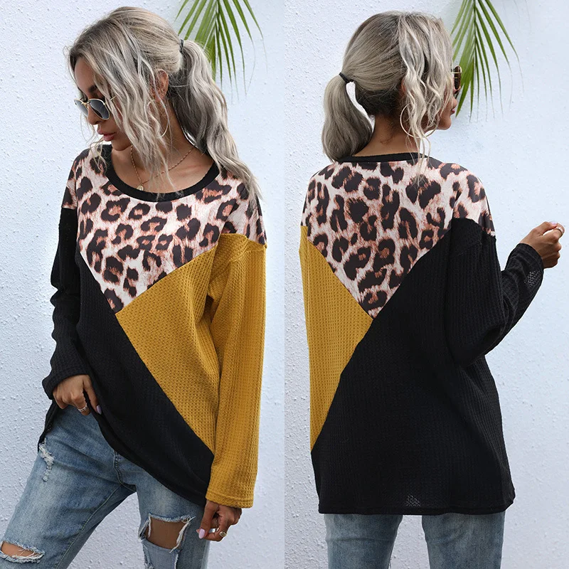 

Amazon cross-border autumn/winter new long-sleeved leopard print stitched round collar loose middle-length bottom t-shirt girl