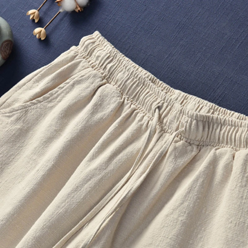 

Johnature New Style Casual Cotton Linen Drawstring Women Shorts 2021 Summer Solid Color Wide Leg Shorts Fashion Women Trouser