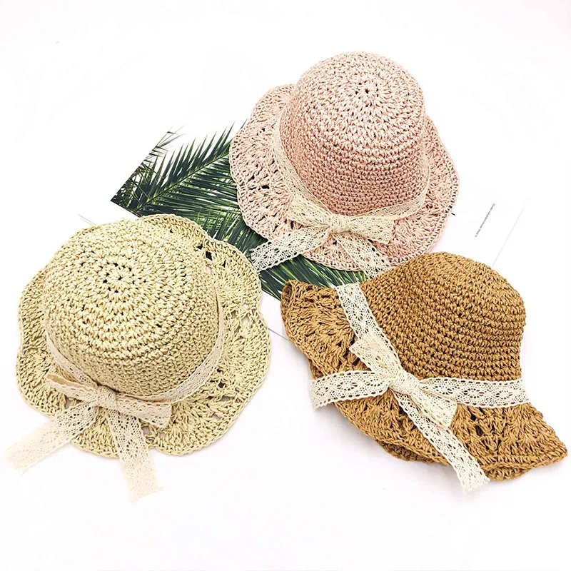 Детская соломенная шляпа с бантом летняя складная цветами и кружевом