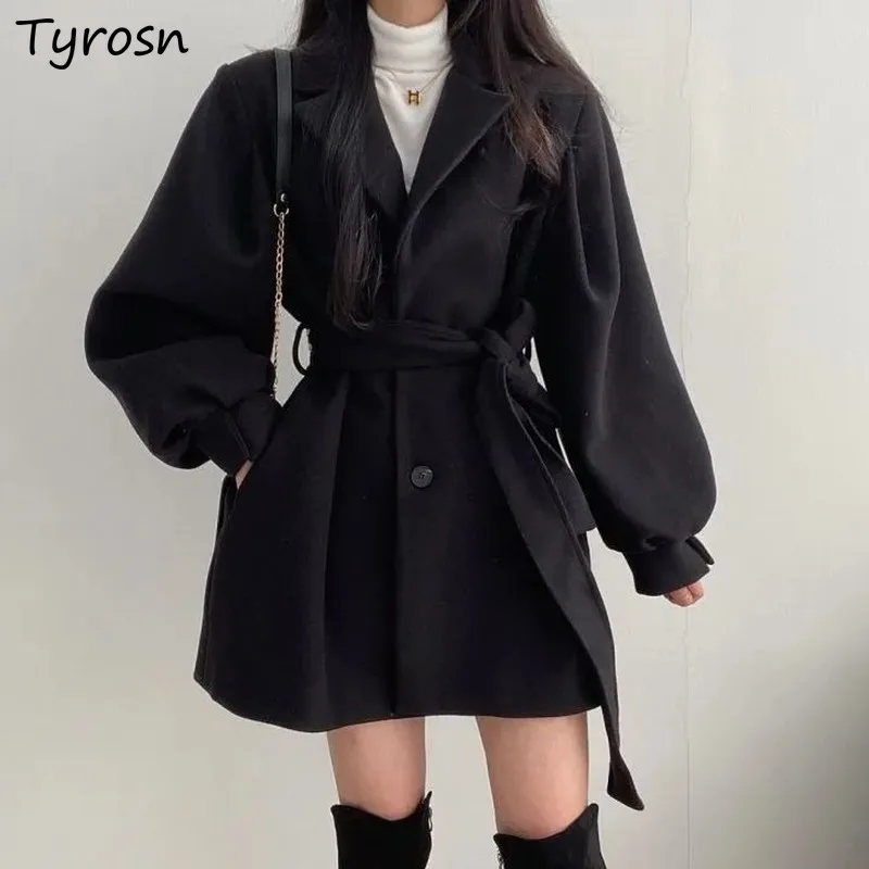 

Women Wool Blends Elegant Solid Black Woolen Coats Design Sashes Defined Waist Button Up Notched Outwear Female Korean Fashion