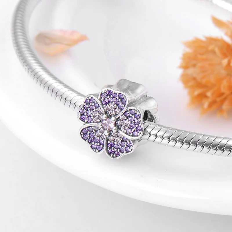 Authentic 925 Sterling Silver Sparkling Purple flowers CZ beads Fit Original European Charm Bracelet Jewelry making | Украшения и