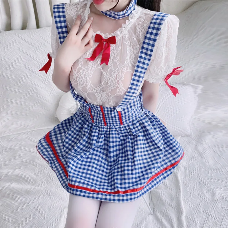 

WOMENGAGA Exotic Quadratic Element Maid Uniform Mesh Lace Grid Lolita Japanese Kawaii Mini Tank Dress Cosplay Tops korean K8ES