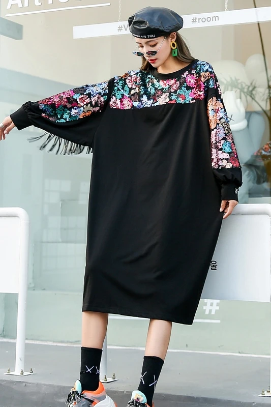 

Large size fat mm temperament dress Korean version loose and thin, long-sleeved stitching sequined mid-length sweater skirt