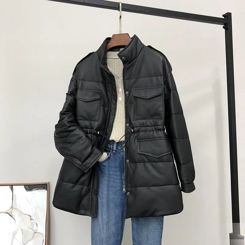 Дешево Кожаный пуховик SHZQ, женская кожаная куртка средней и длинной длины, с воротником-стойкой, Ветровка из овечьей кожи, куртка с карманами для ин...