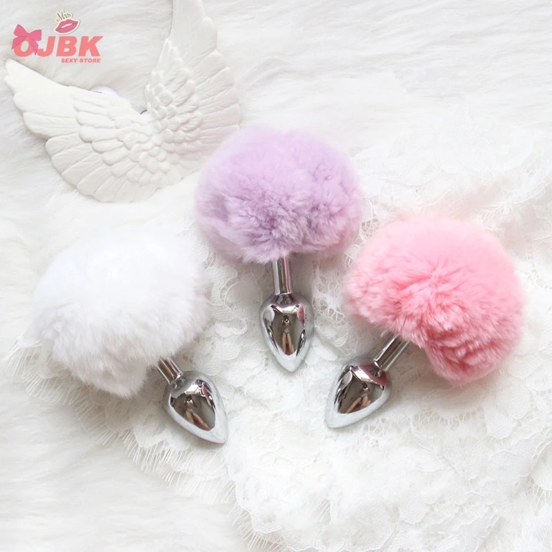 Pink tip white petplay Fox tail butt plug Mental Plush Anal Plug Stainless Steel Prostate BDSM Sex Toys For Women Couple
