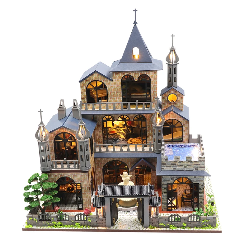 

CUTEBEE DIY Dollhouse Miniature Doll Houses Kit Wooden Vintage castle Doll House Diorama Furniture With Led Light Toys for Child