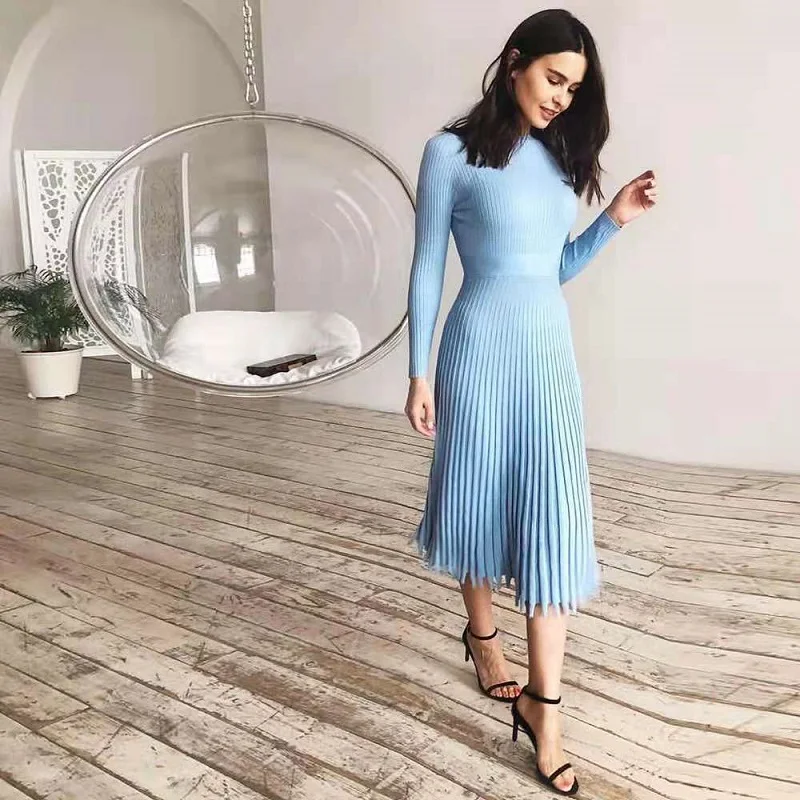 

2021 Female Solid Color Sweater Knitted Pleated Traf Long Sleeve Slim Robe Sukienka Spring Autumn Women Elegant Casual Dress