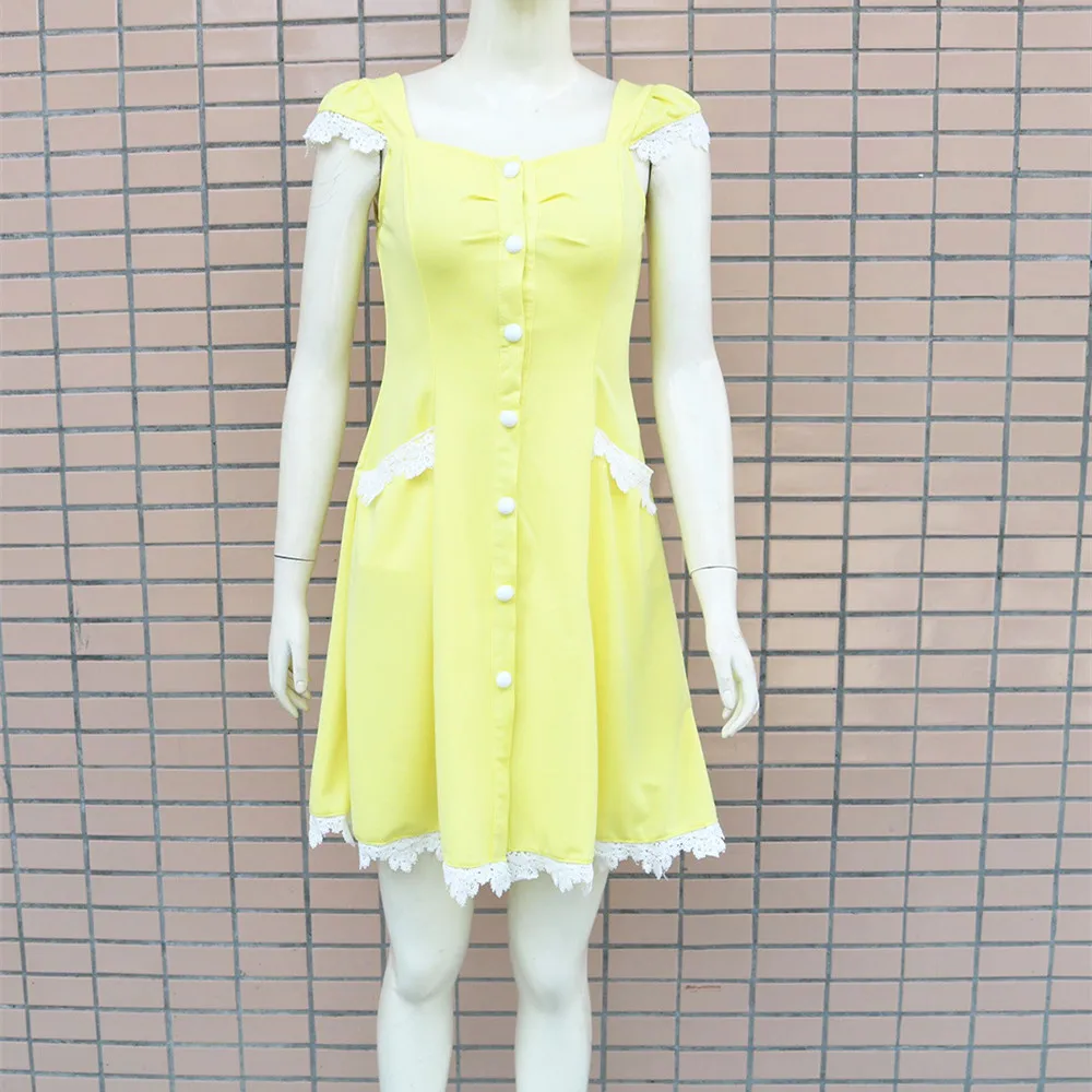 

Sexy Women Summer A-Line Dress Single-Breasted Design Lace Pockets Decor Square Collar Sleeveless High Waist Slim Mini Dress