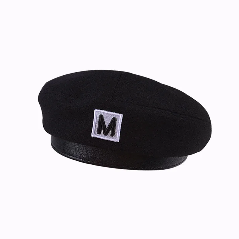 

Khaki Black Embroidered M Letter Beret Women Spring Autumn Winter Warm Domen Top Painting Octagonal Female Hat Pu Leather Edging