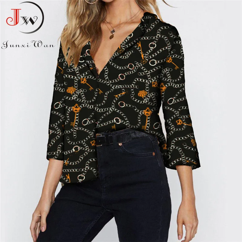 Новинка весны 2020 модные женские шифоновые блузки с принтом длинным рукавом v