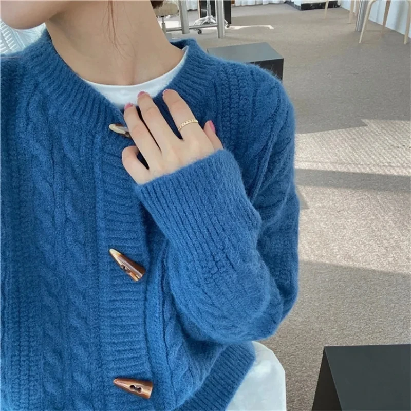 

Autumn Winter Loose Warm Knitted Cardigan Women Korean Elastic Slim Long Sleeve Ribbed Top Sweet Cute Fashion Blue Cardigan