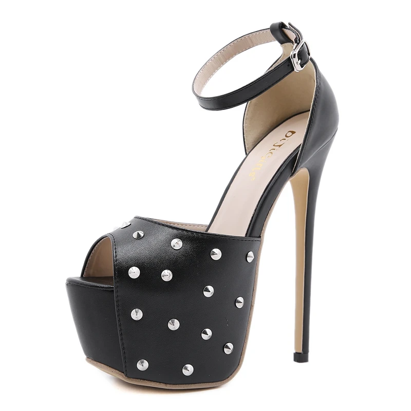 Женские туфли-лодочки с заклепками и открытым носком на платформе 16 см | Обувь