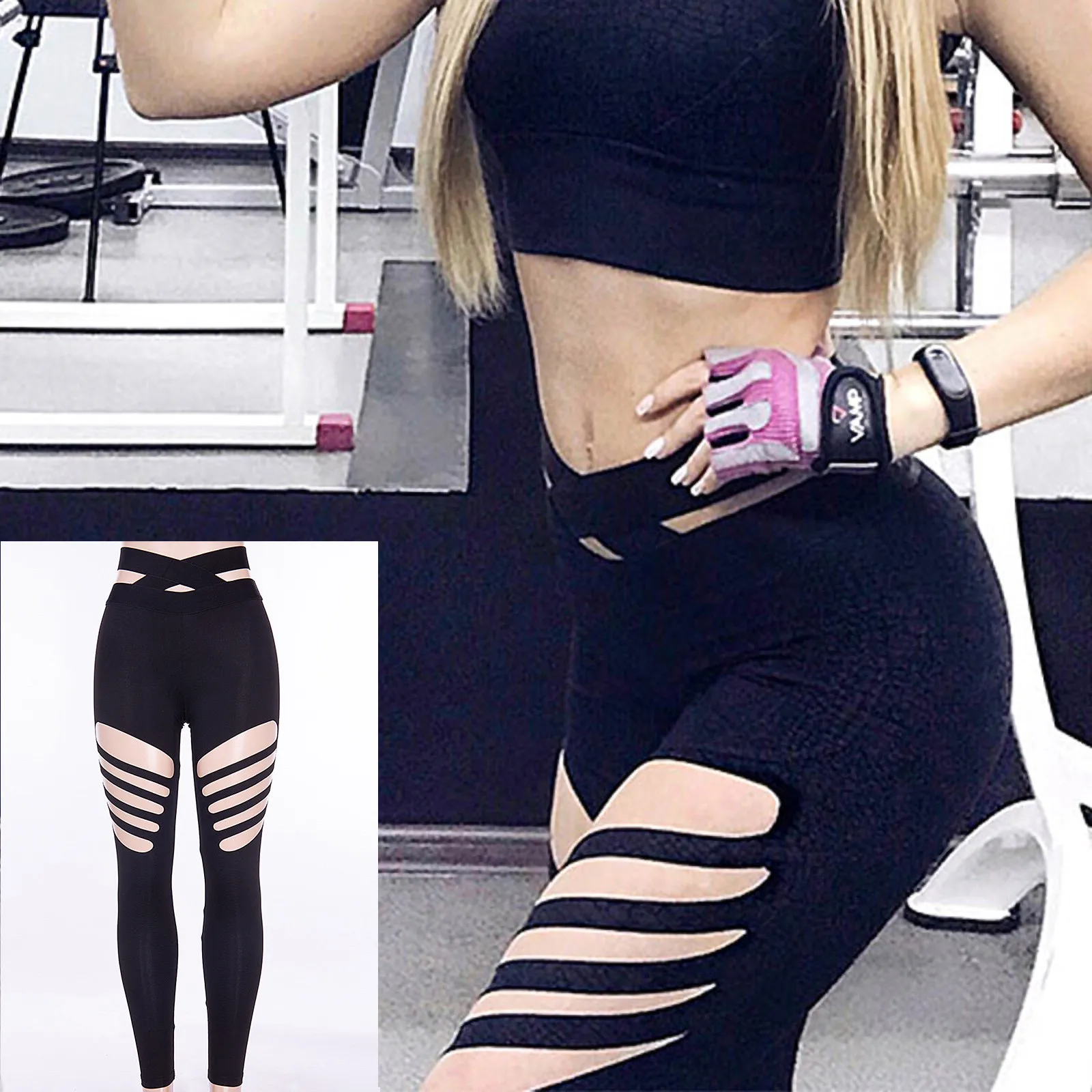 

Quick-drying Broken Hole Yoga Pants Women's Spring And Autumn Cross Waist Sexy Leggings High Elastic Fitness Pantsfree Shipping