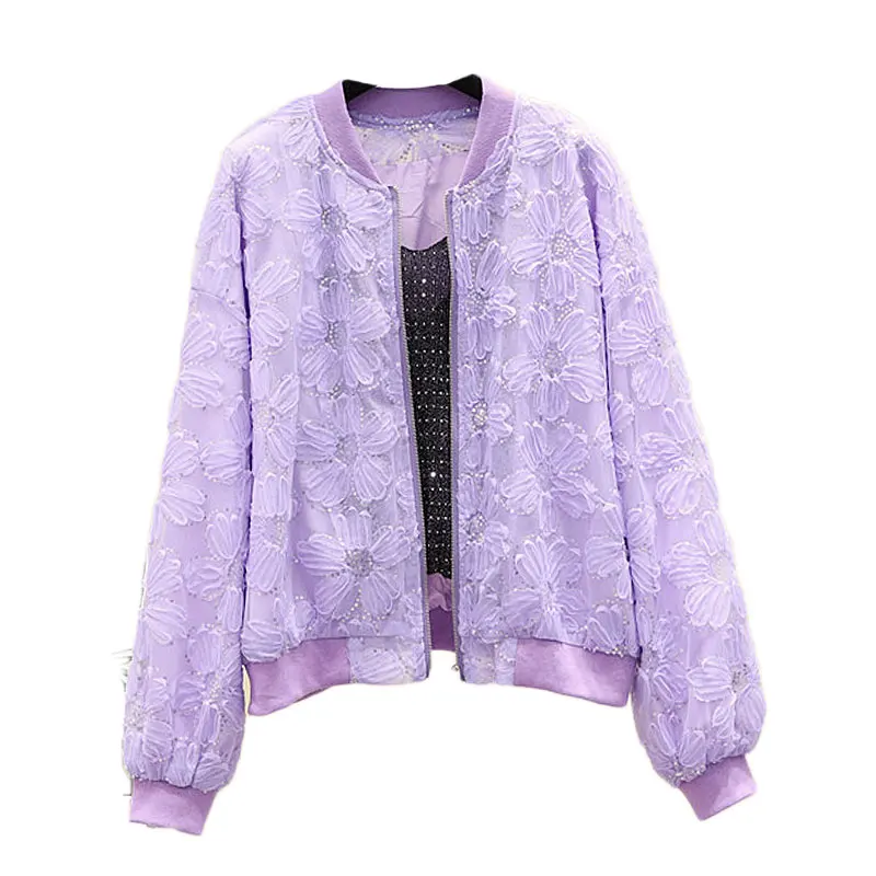 

Cropped Jacket Women Fashion Jacquard Weave Sequins Coats Anti-uv Spring Summer Long Sleeve Top Female Mesh Bomber Jacket Women