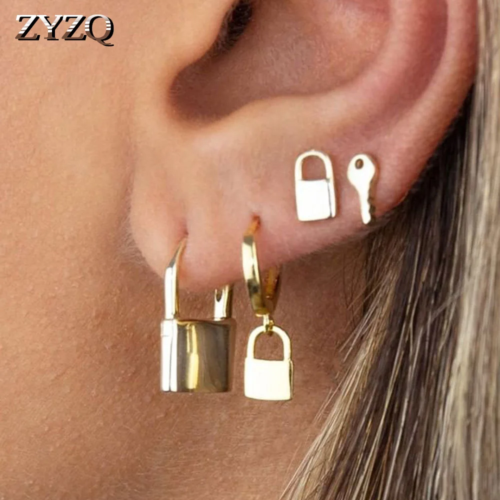 

ZYZQ 4 Pc Earring Jewelry Padlock Female Earrings Hoop Key Lock Drop Earrings For Women Metal Hoop Lock Stud Earring Lovers Gift