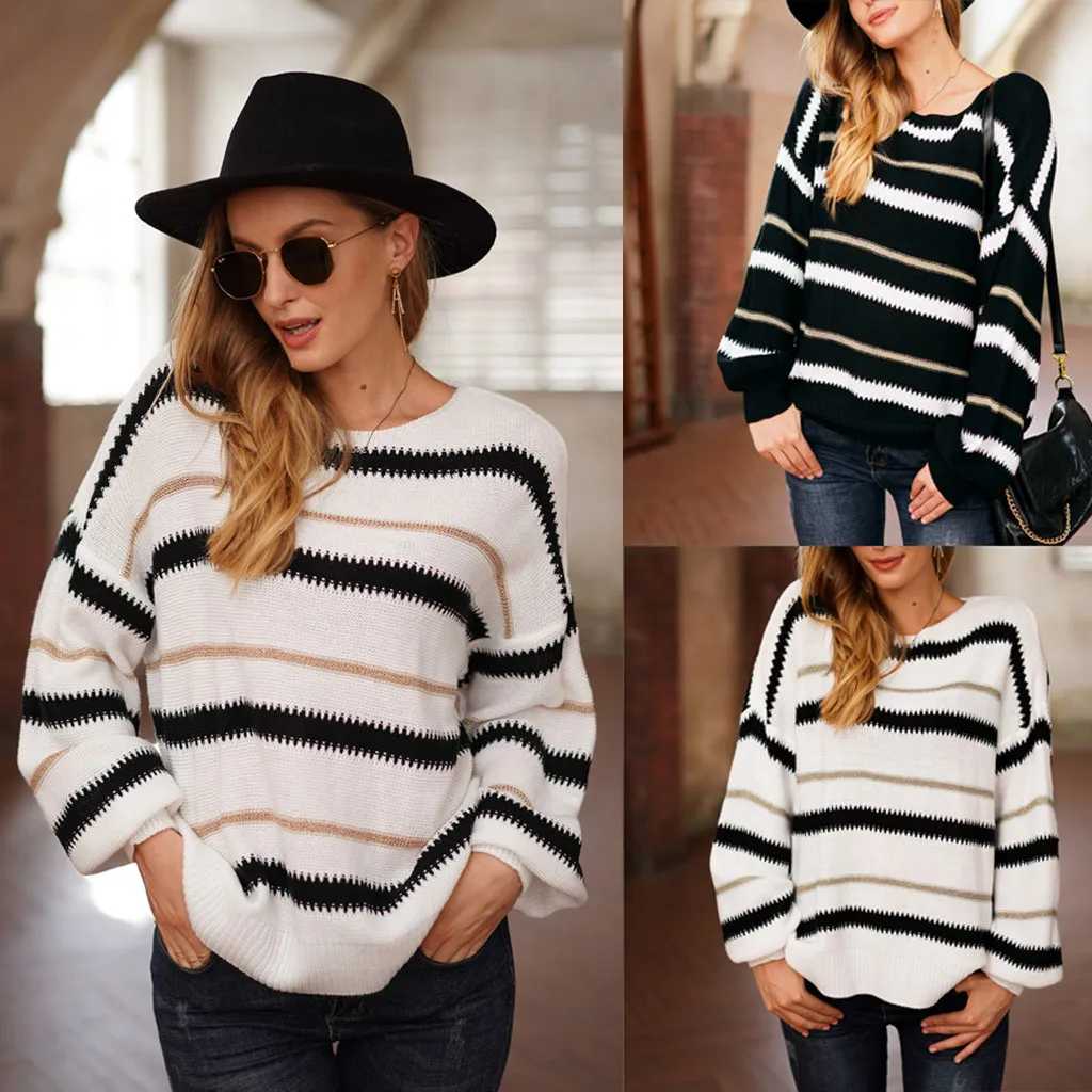 Модный женский осенне-весенне-зимний Свободный Полосатый Вязаный Пуловер с