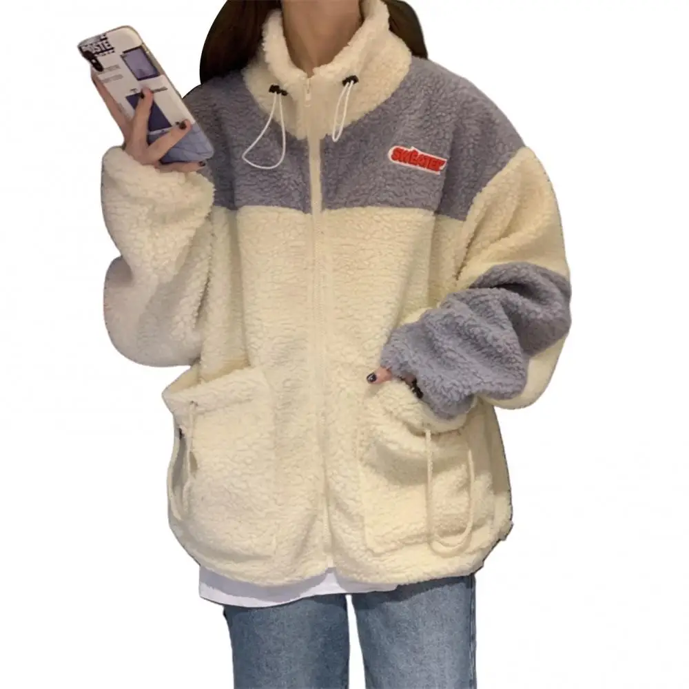 

Women Winter Color Block Pocket Faux Fleece Long Sleeve Zip Warm Coat Sweatshirt New 2021