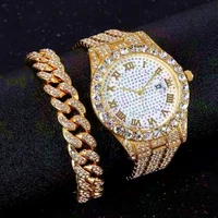 iced out bracelet watches for men full iced out watch quartz wristwatch hip hop gold watches women mens watch set dropshipping