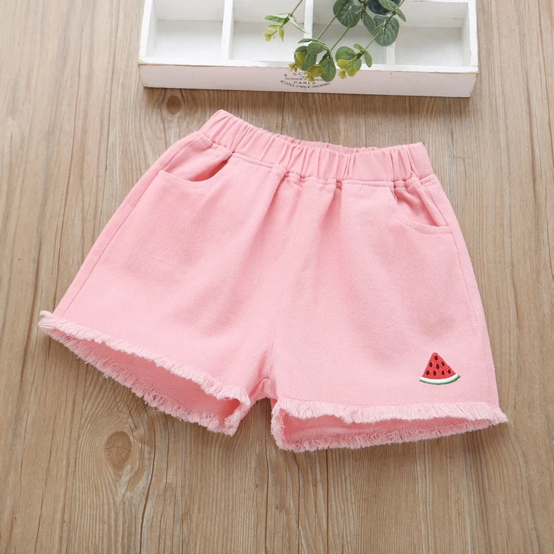 Летние джинсовые шорты для девочек популярные детские с фруктами повседневные