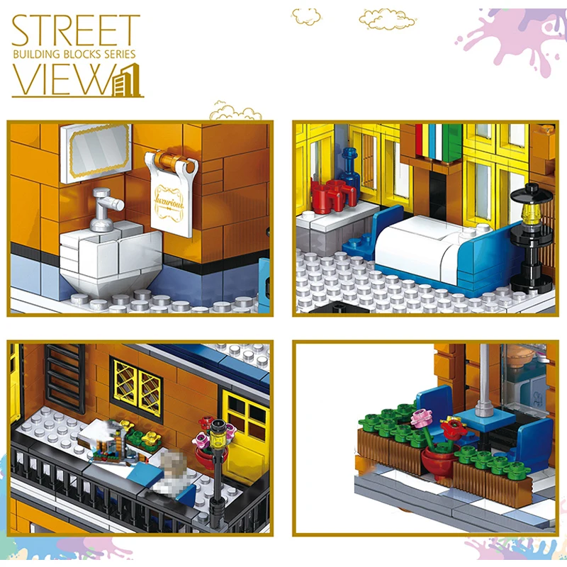 

City View Scene Street European Houses Rome Store restaurant Designer Architecture Building Blocks For Kid ChristmasToy