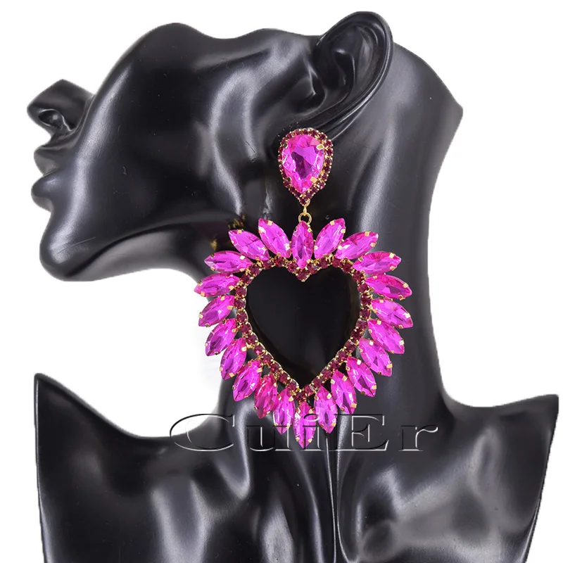 

CuiEr 4" Sparkling Drop Heart earring dangle for women Rhinestones crystal Wedding jewelry Statement Big Rhinestone Gift