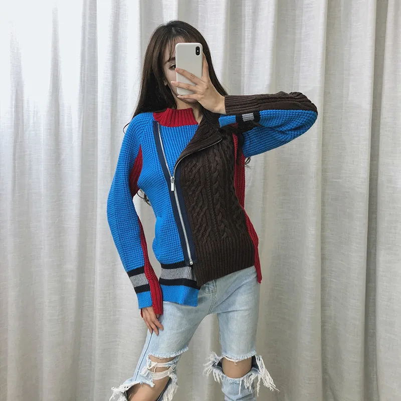 LANMREM Contrast Color Stitching Round Neck Long Sleeve Zipper Irregular Woman Sweater Casual Fashion 2020 Spring New TV296 | Женская