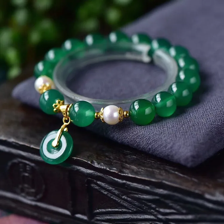 

Natural green agate handcarved round beads safety button for couples woman men beads bracelet with jade bracelet