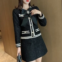 high quality two piece set bow elegant long sleeve wool jackets coat vintage women skirts female casual sequined tweed sets suit