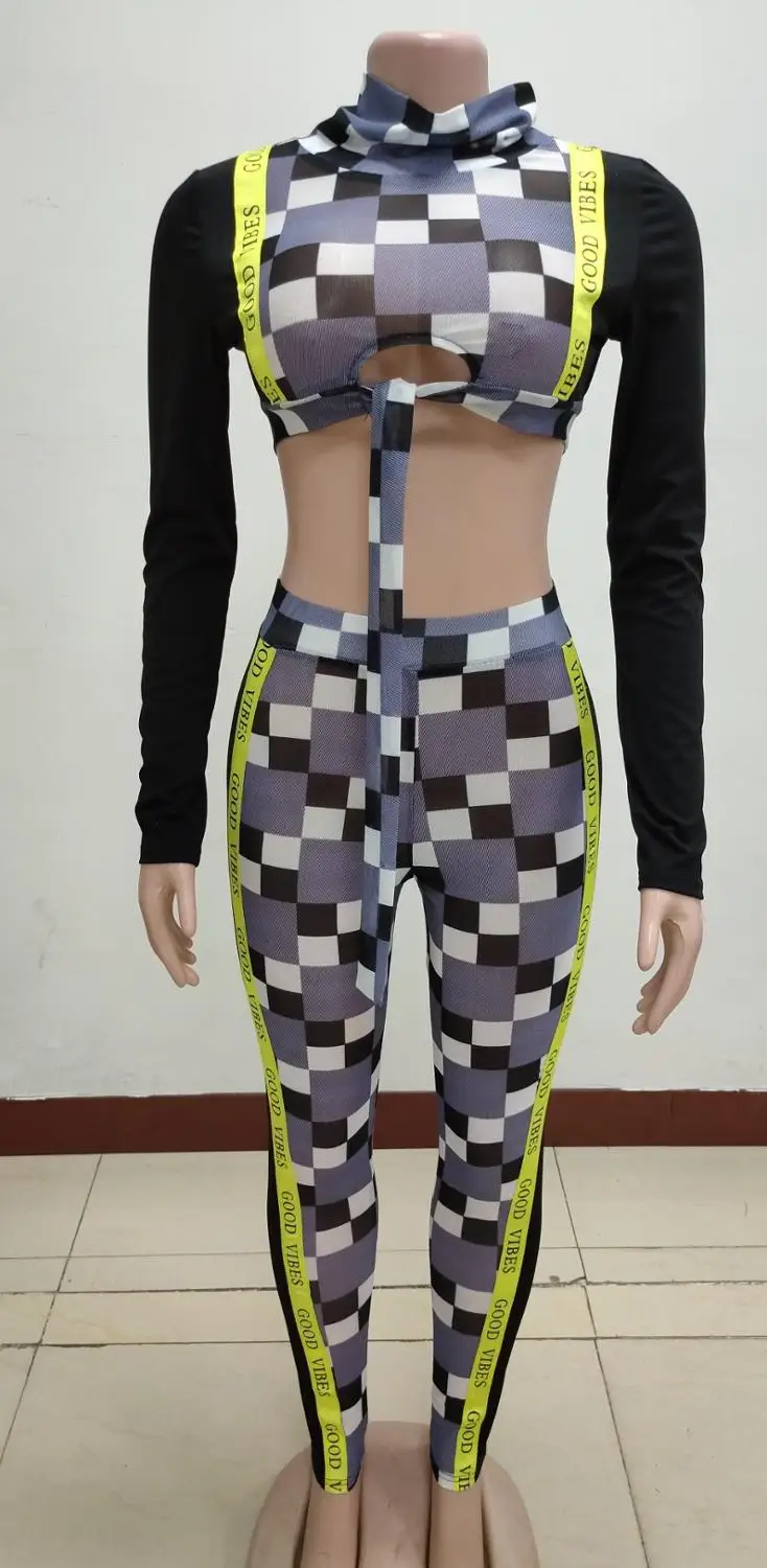 

2020 Europe Summer new sexy Plaid printing night club suit fashion slim fit long sleeve top and long pants women's two-piece set