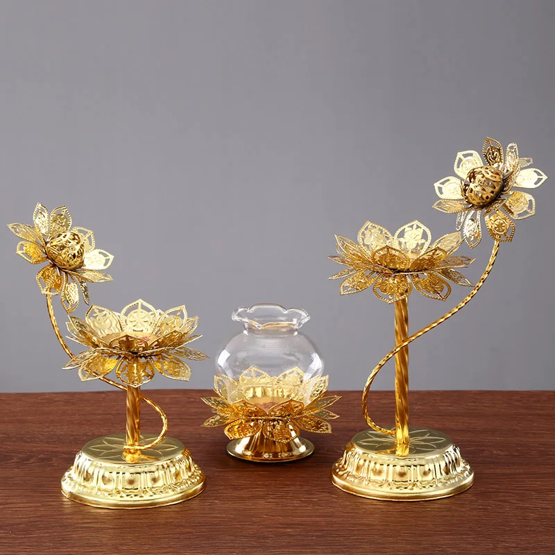 Фонарь подсвечник держатель лампы маленький металлический золотой Лотос цветок