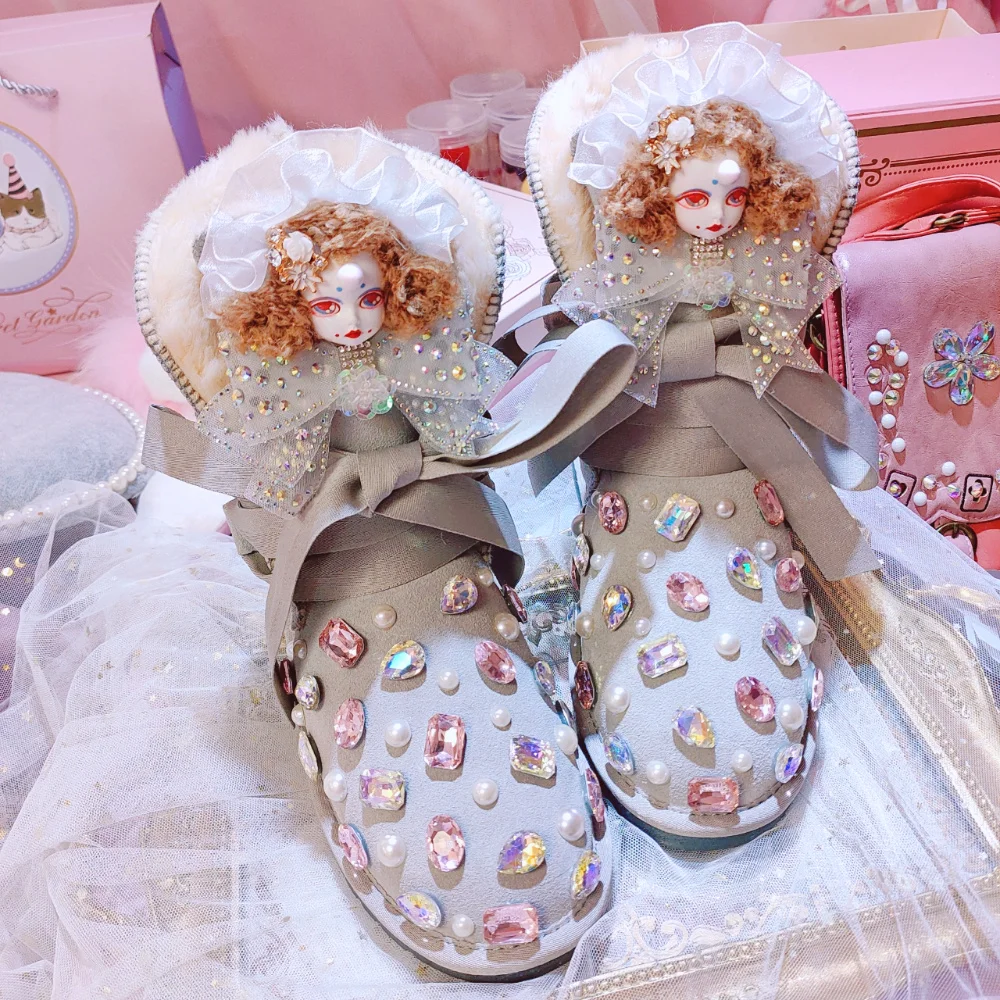 

Womens Dolls Rhinestones Diamond Pearls Ankle Boots Snow Warm Winter DIY Shoes BowKnot Girls Australian Girls X-mas Gift New