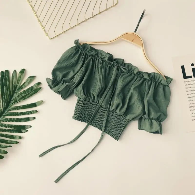 

Amolapha Women Short Style Slim Shirts Slash Neck Short Sleeve Laced Summer Women Casual Beach Holiday Strapless Tops