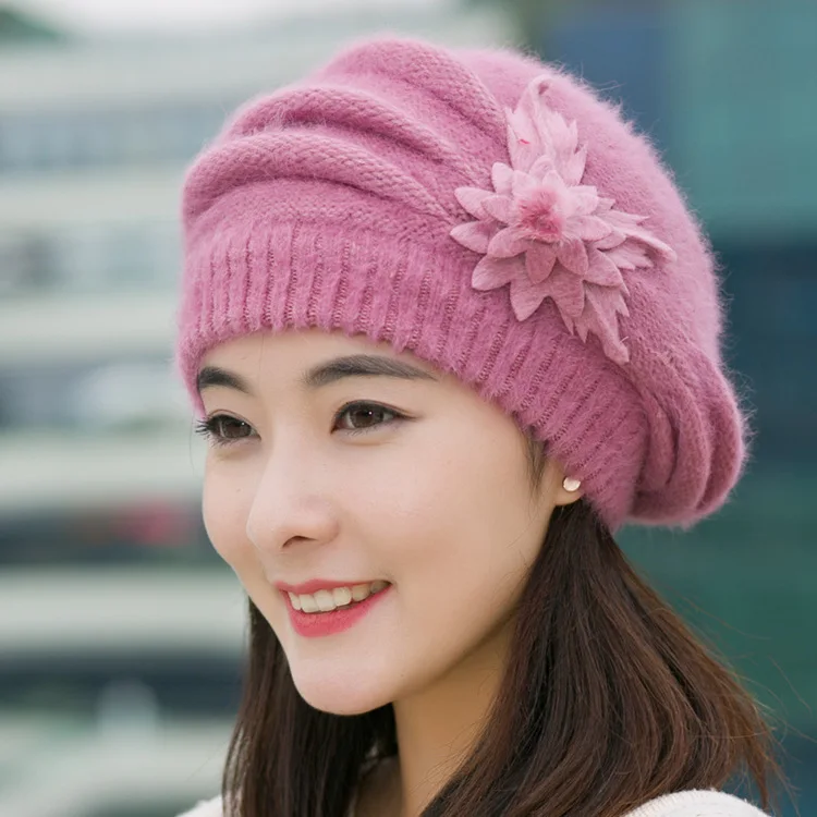 

Hat female winter Korean version of flower rabbit hood thickening beret warm knit wool hat autumn winter mother cap