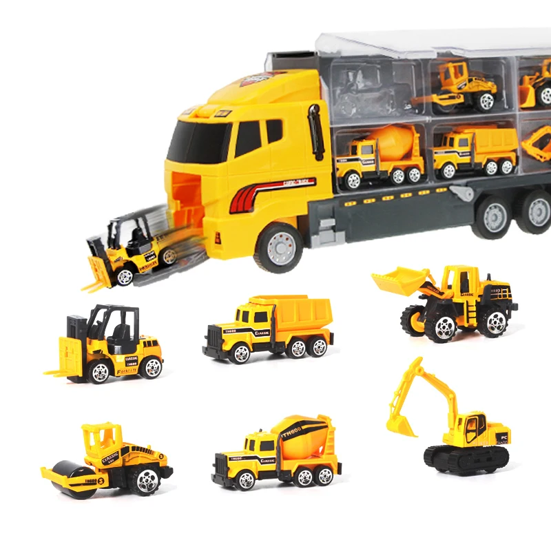 

7pcs/set Mini Diecast Alloy Car 2in1 Model Engineering Toy Vehicles Carrier Truck with Ejection & Carry Function Xmas Gift