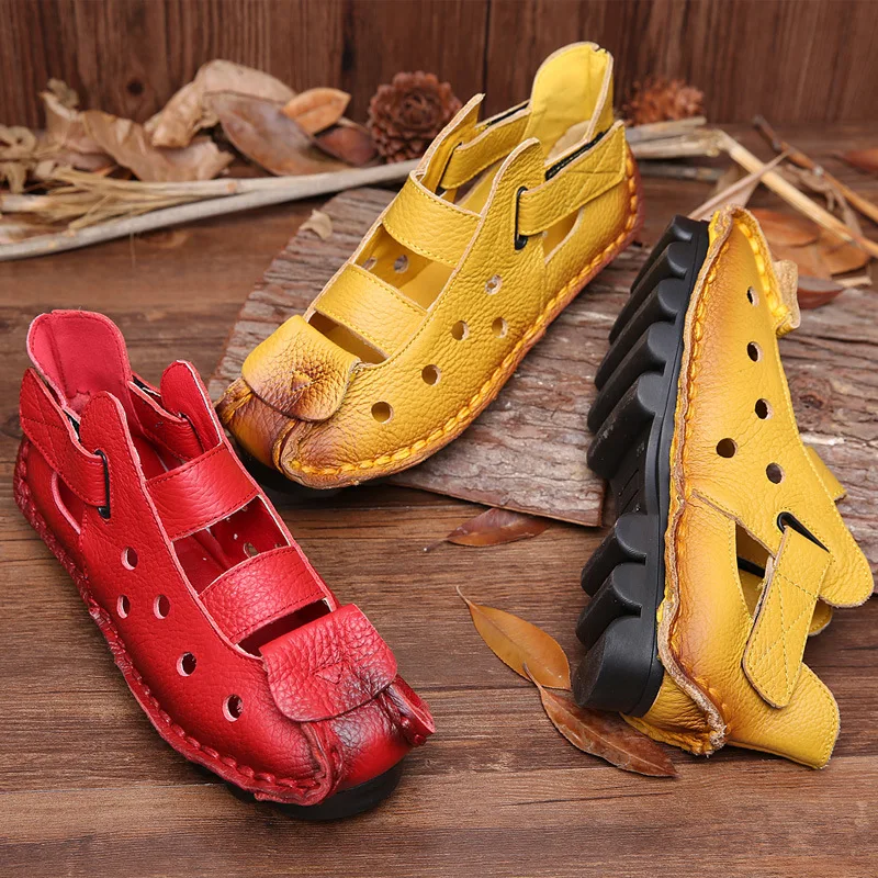 

2020 summer soft bottom flat cowhide women's shoes personality casual hole female sandals retro handmade sandals 42 large size