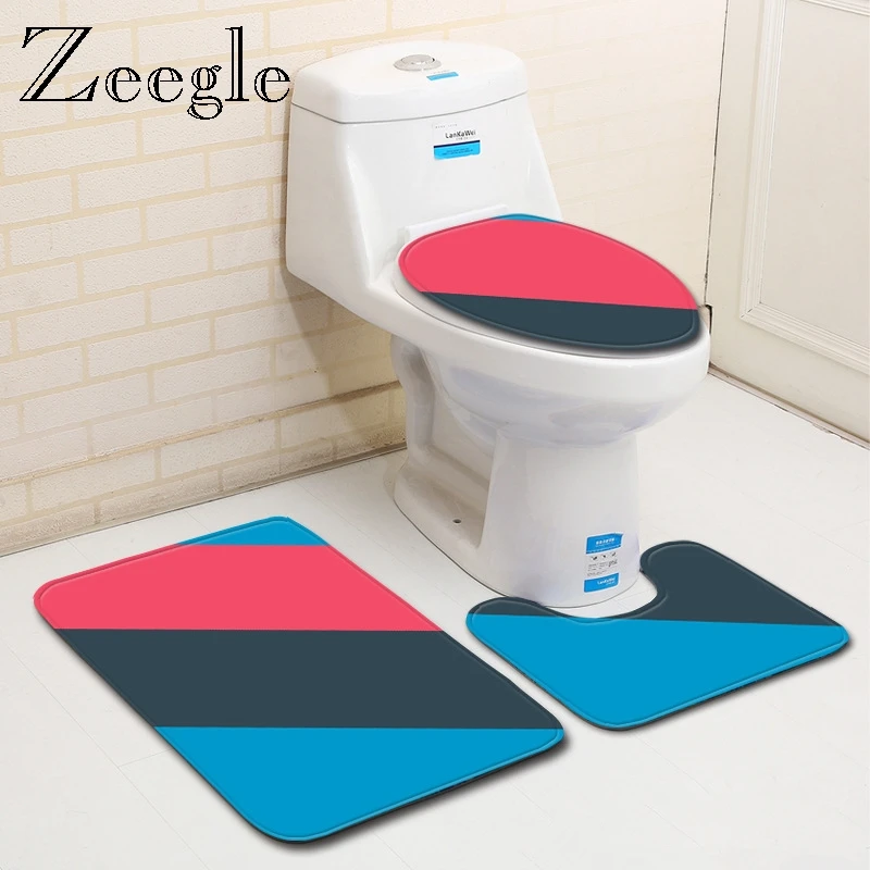 

Zeegle Colorful Bath Mat Set 3pcs Bathroom Mat Set Flannel Anti-Slip Bath Floor Rug Carpet Washable Bathroom Toliet Foot Mat