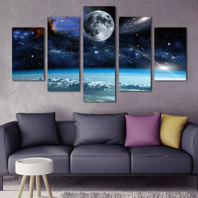 5 панели бескаркасные настенная живопись Печать холст Современная Космос Луна