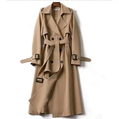 

Design Office Lady Trench Coat For Women Long Windbreaker Luxury Suede Double Breasted Belt Pure Color Overcoat Chaquetas Mujer