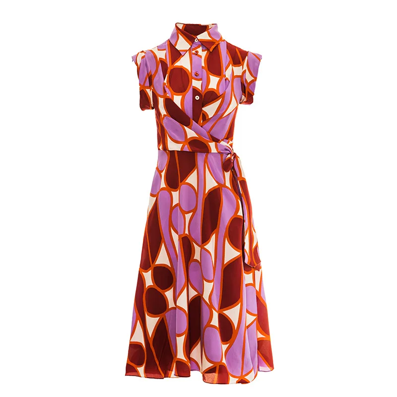 

Korean New 2020 Spring and Summer Wrap Dress French Elegant Chiffon Geometric Printed Sleeveless Slim Dress Women