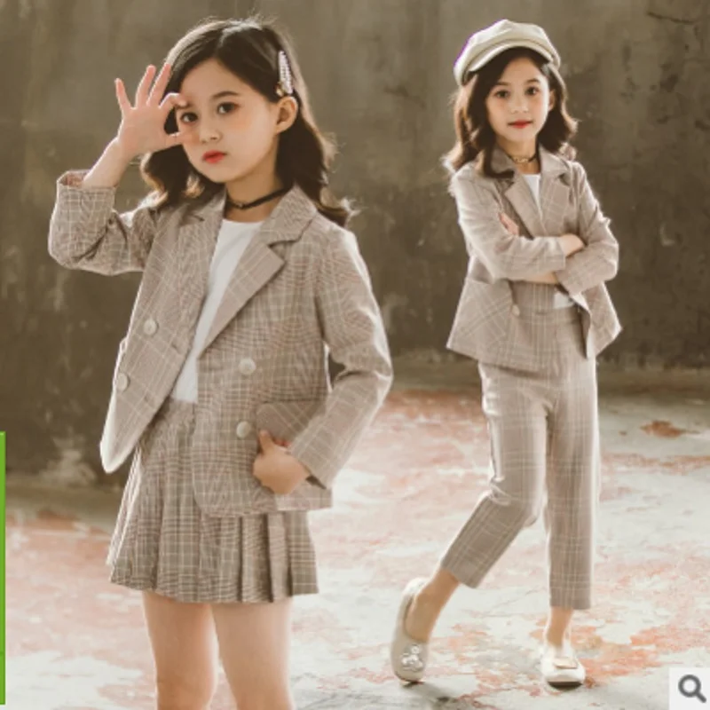 

Girls Plaid Suits 2021 New Spring and Autumn Girls Children's Fashion Double-breasted 2 Little Plaid Colors Suits Size4-14 ly008