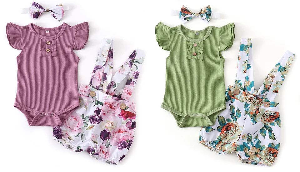 Newborn Baby Girl Clothes Set Summer Infant Outfits Solid Color Romper Flower Shorts Headband Fashion 3Pcs For Toddler Clothing baby clothes in sets	