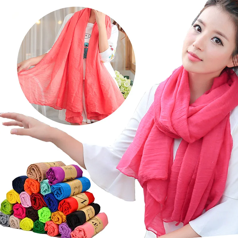 Новый шарф из хлопка и льна винтажная шаль яркие цвета Однотонный женский