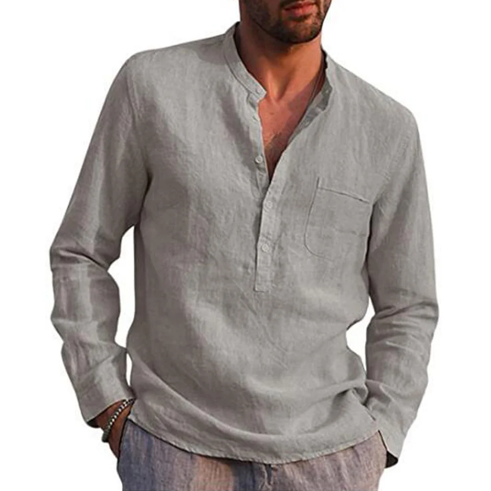 

Vintage Solid Color Shirts for Men Casual Long Sleeve Stand Collar Blouse Shirt Male Streetwear 2021 Plus Size