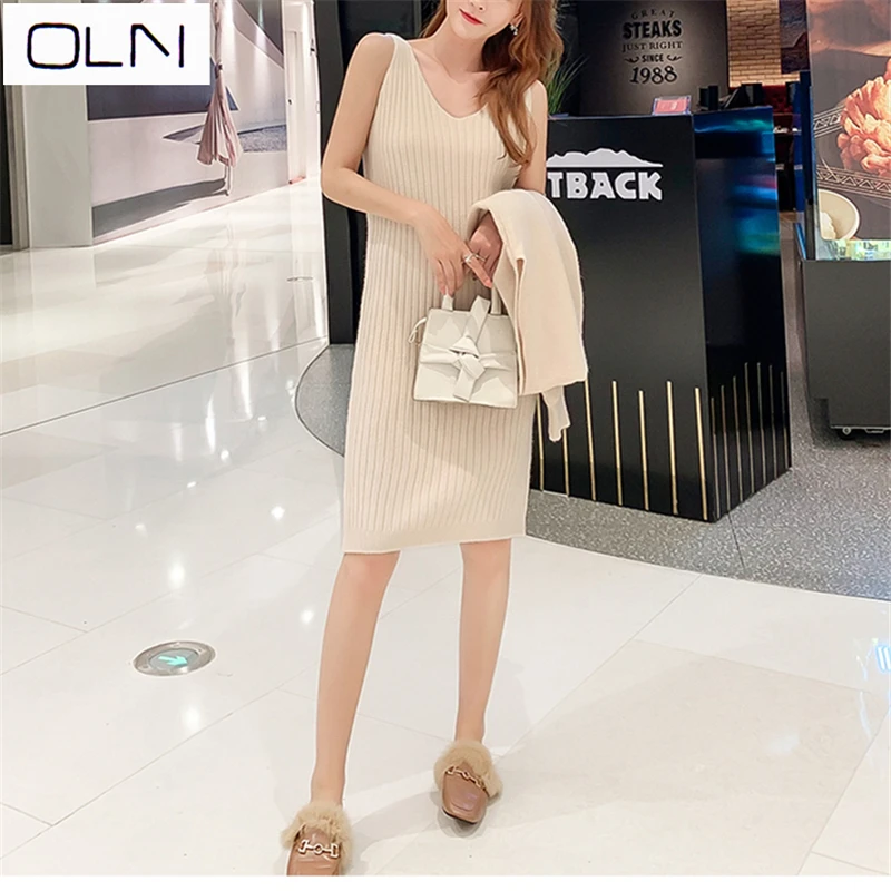 Осеннее платье OLN корейский vestidos Новое поступление Зимний трикотажный шерстяной костюм платье-свитер женский из двух предметов