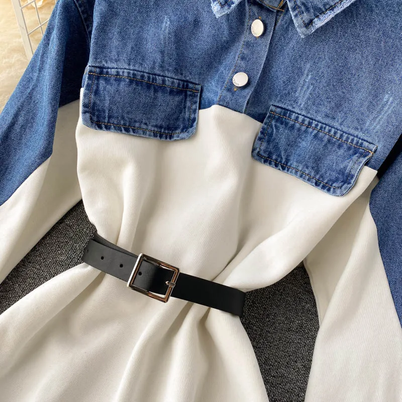 

Denim Spliced Sweatshirt Dress Women Fashion Patchwork Lapel Long Sleeve High Waist Dress Female Loose Short Dresses With Belt