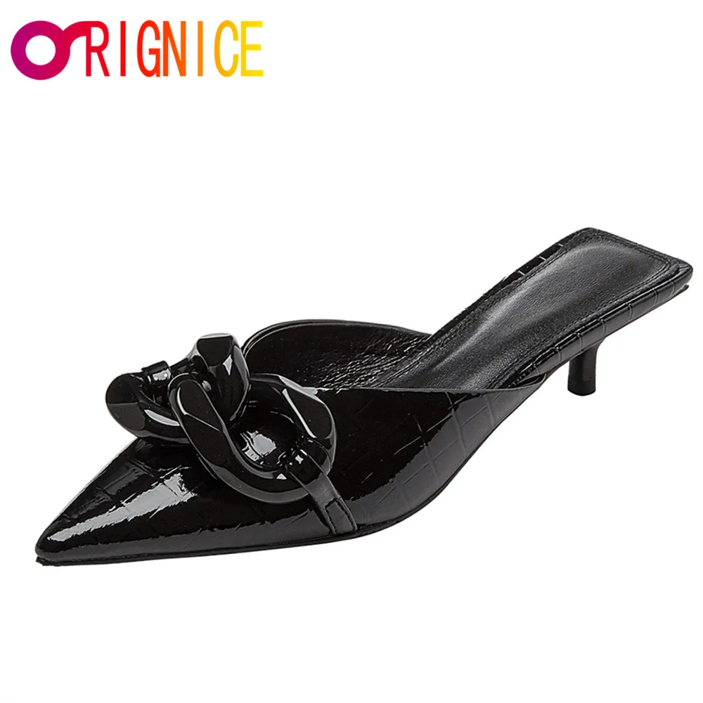 

Orignice Sexy Pointed Toe Women Sandals Mules Silver Black Metal Chain Small Heeled Slip On Casual Party Shoes Big Size 34-43