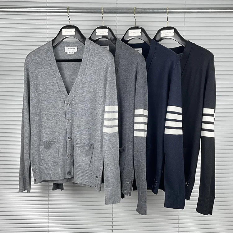 2021 Fashion TB THOM Brand Sweaters Men Slim V-Neck Cardigans Clothing Striped Cotton Wool Autumn Winter Casual Coat DARKSKINS