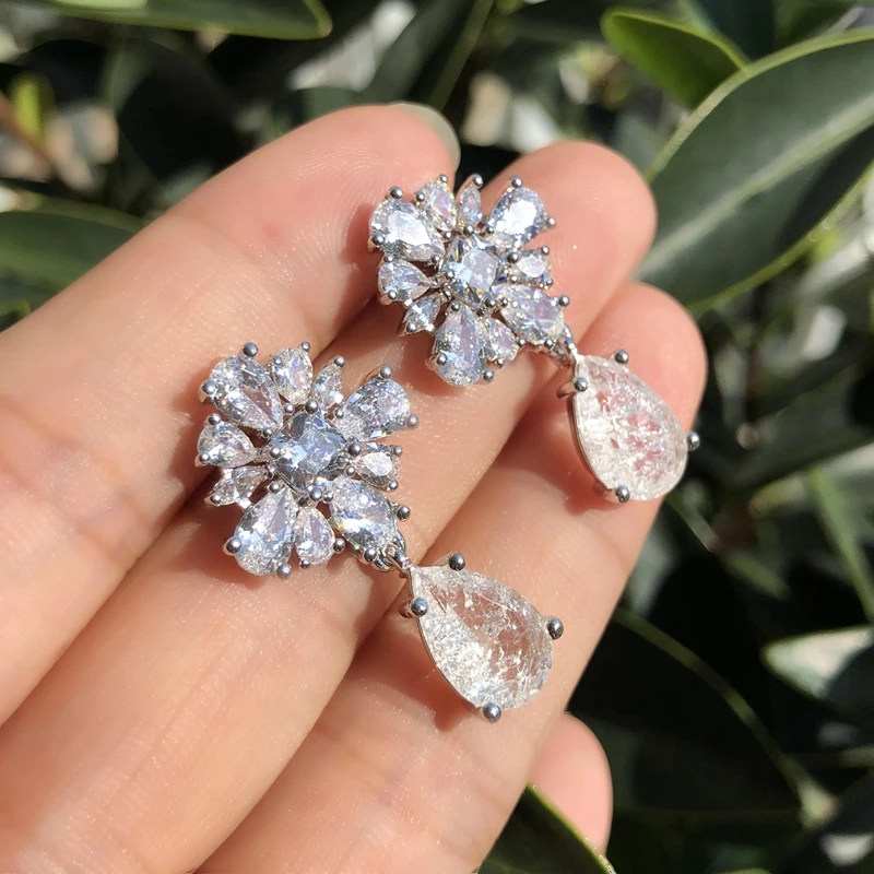 Винтажный цветок в капле Длинная подвеска и серьги-подвески для женщин Кристалл